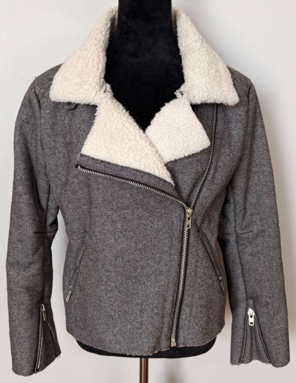 J.O.A. Herringbone Moto Biker Jacket Shearling Lined Raw Edge Grey White Small